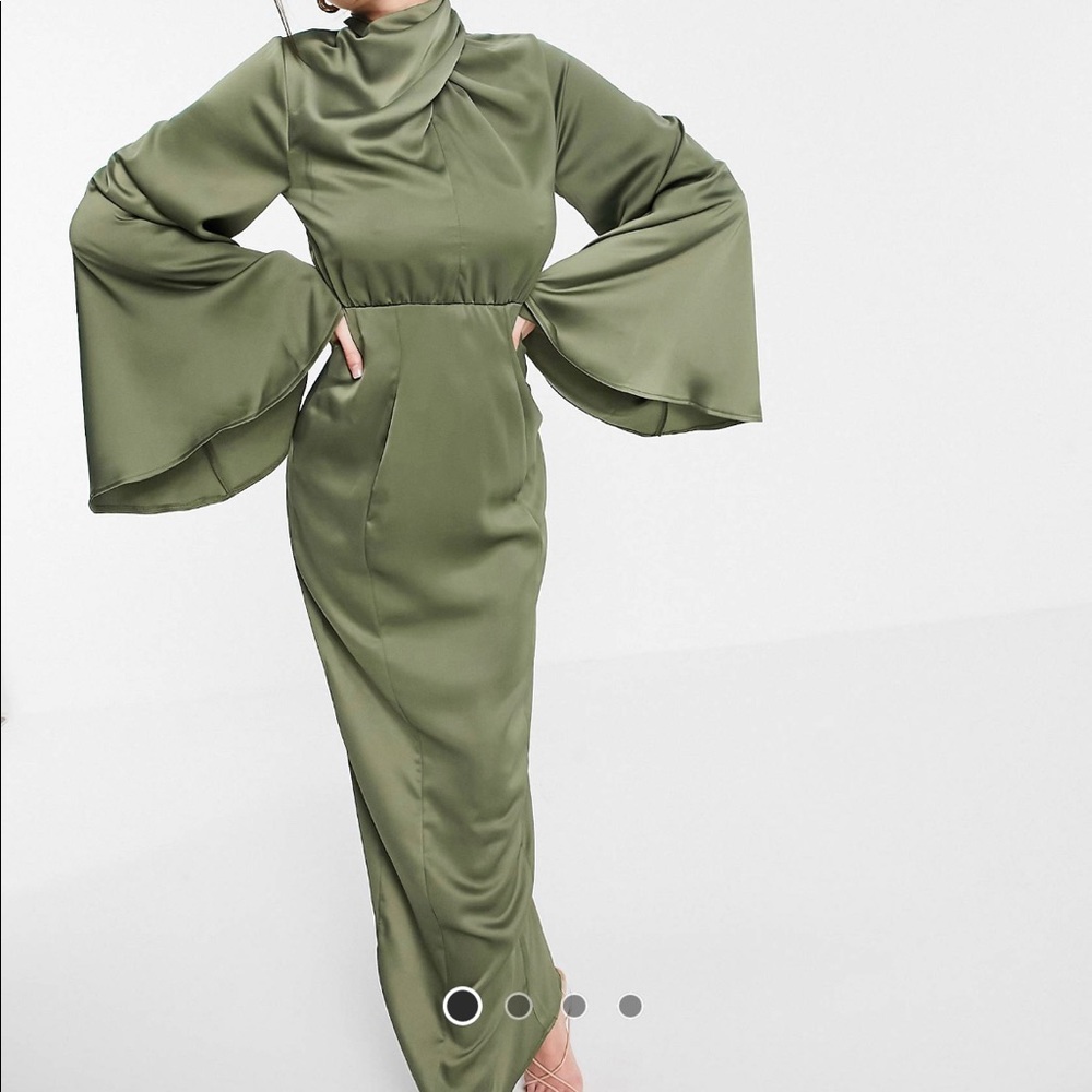 ASOS DESIGN- satin wrap neck pencil maxi with fluted sleeves in khaki. NWT size2